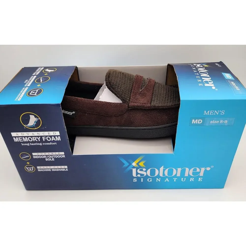 Isotoner Mens Moccasin Slippers Sz Medium 8-9 Brown Faux Suede Memory Foam NEW